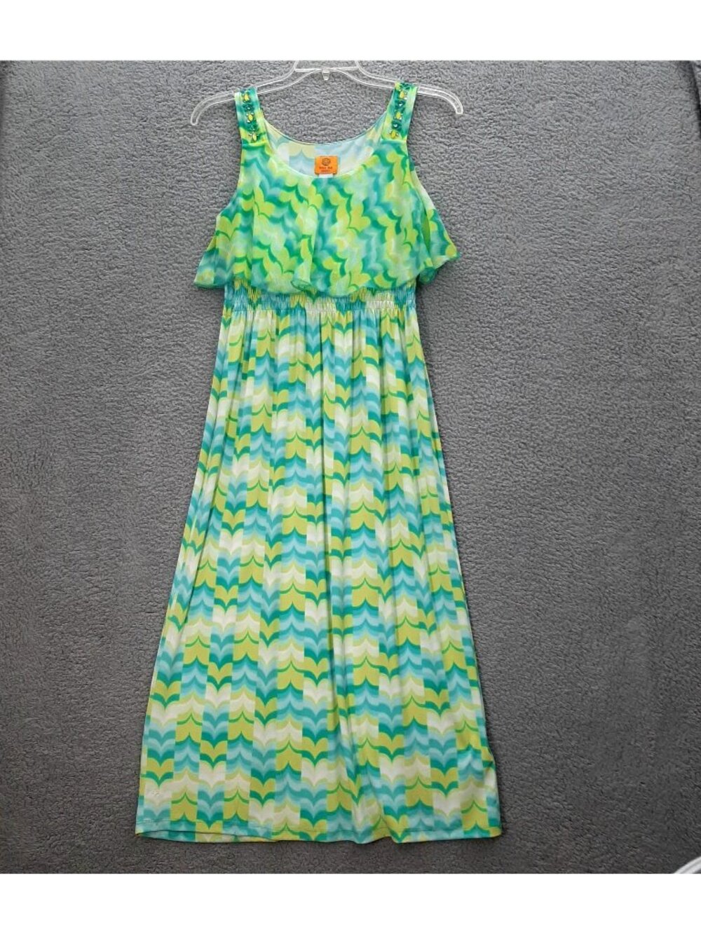 Ruby Rd Petite Womens Teal Yellow Chevron Maxi Dress Beaded Straps Sz Small PS